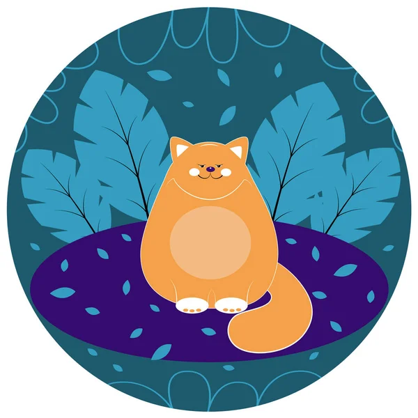 Young Dreaming Ginger Cat Sitting Blue Background Leaves Vector Illustration — Stock Vector