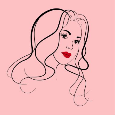 Moda ve boş zaman. Belirli genç ve güzel bir kadının yüz hatlarında. Pembe arkaplanda ince doğrusal vektör çizimi.
