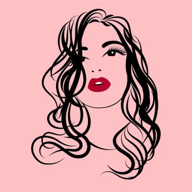 Moda ve boş zaman. Belirli genç ve güzel bir kadının yüz hatlarında. Pembe arkaplanda ince doğrusal vektör çizimi.