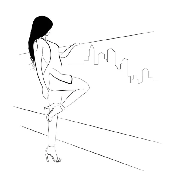 ファッションとレジャー 輪郭では ある若いかなりの女性がバルコニーに立って街を見ています 白い背景に細い線型ベクトル図 — ストックベクタ