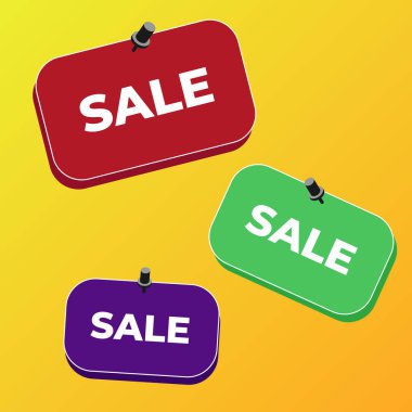 Duvara asılmış çok renkli kartların bir kombinasyonu, kırtasiye düğmeleri, mağazalar için satış konsepti ve sarı arka planda yazılar. Satış konseptinin tasviri.