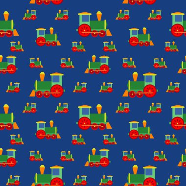 Kusursuz bir arka plan modeli. Koyu mavi arka planda oyuncak buharlı lokomotifler. Modern tekstil arka planı, hediye paketi, çocuk kâğıdı duvar kağıdı, tasarım kavramları. Vektör illüstrasyonu.