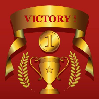 Kazananın altın kupası defne ile, 1 numarasıyla altın madalya. Üzerinde VICTORY yazan altın kurdele. Kırmızı arka planda. Şampiyonluk töreni. Vektör illüstrasyonu.