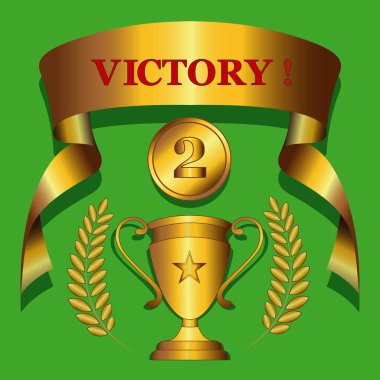 Kazananın altın kupası defne ile, 2 numaralı altın madalyayla. Üzerinde VICTORY yazan altın kurdele. Yeşil bir arka planda. Şampiyonluk töreni. Vektör illüstrasyonu.
