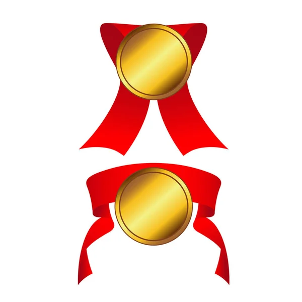 Two Gold Badges Red Ribbon Gold Medals Winner Trophies First — Stock Vector