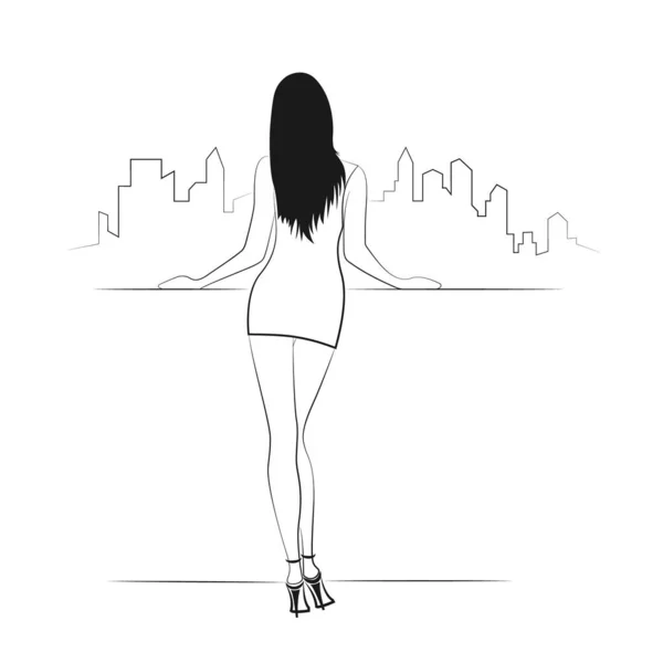 ファッションとレジャー 輪郭では ある若いかなりの女性がバルコニーに立って街を見ています 白い背景に細い線型ベクトル図 — ストックベクタ