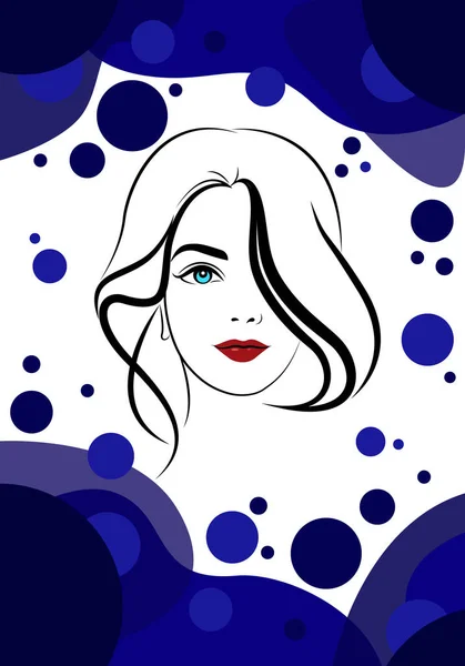 ファッションとレジャー ある若いきれいな女性の顔の輪郭で 青い要素を持つ白い背景に細い線型ベクトル図 ベクトルグラフィックス — ストックベクタ