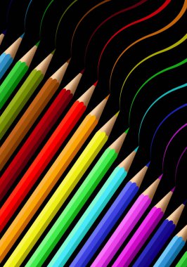 Bir set, siyah arka planda bir sıra renkli kalem. Ambalaj tasarımı, mağaza, web sitesi için. Vektör illüstrasyonu.