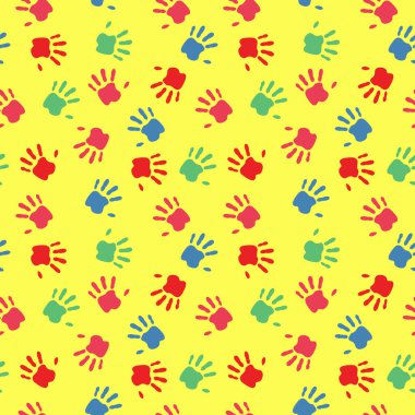 Sarı arka planda çocuk avuçlarının çok renkli izleri var. Paketleme, mağaza, pankart ve web sitesi tasarımı için. Vektör illüstrasyonu.