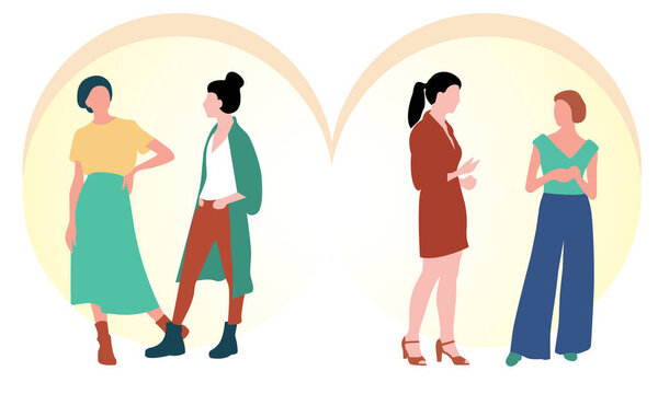 Four young women or girls dressed in fashionable clothes stand together. A group of friends or feminist activists. Female characters isolated on a light gradient background. Flat color vector illustration.