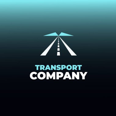 Logo şeklinde soyut bir yol sembolü. Mavi gradyan arkaplandaki TRANSORT Kooperatifi. Sembol, araba şirketi logosu, rozet. Renk vektörü illüstrasyonu.