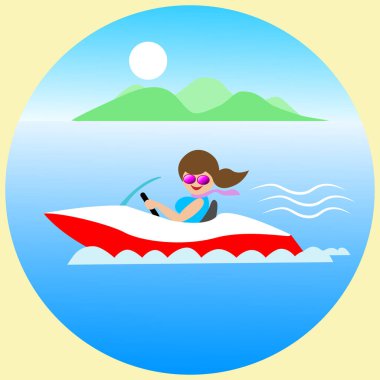 A young woman rides in a colored sports boat against the background of the island. For store design, background for website banners, logo. Vector graphics.