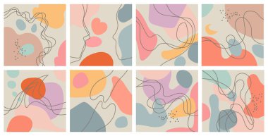 Sekiz soyut geçmiş. Her arka plan izole edilmiş. Renkli soyut figürler ve pastel renkli karalamalar. Modaya uygun vektör çizimleri.