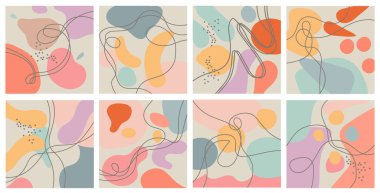 Sekiz soyut geçmiş. Her arka plan izole edilmiş. Renkli soyut figürler ve pastel renkli karalamalar. Modaya uygun vektör çizimleri