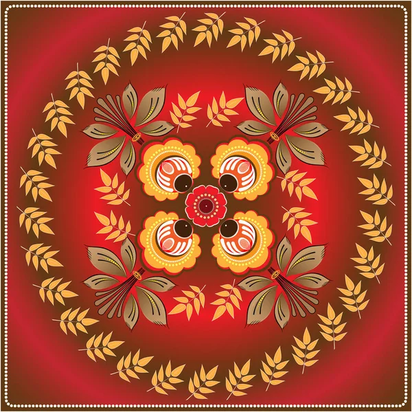 Decorative Composition Bright Wildflowers Leaves Red Gradient Background Slavic Folk — Stock Vector