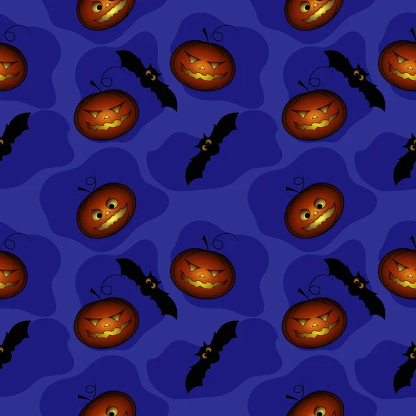 Halloween Misticismo Padrão Sem Costura Abóboras Desenhos Animados Morcegos Fundo — Vetor de Stock