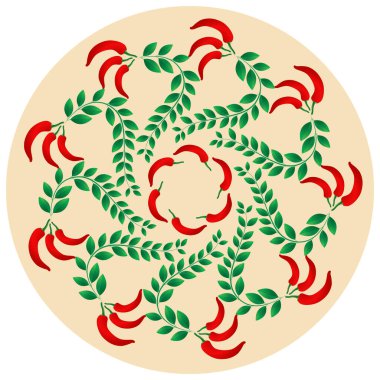 Dekoratif kompozisyon, arka plan, baskı. Kırmızı biber, yeşil yapraklar renkli arka planda daire şeklinde dizilmiş. Modaya uygun renk vektörü çizimi.