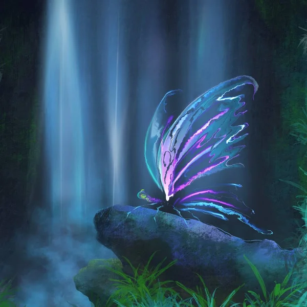 Schmetterling Auf Einem Stein Neben Dem Brunnen — Stockfoto