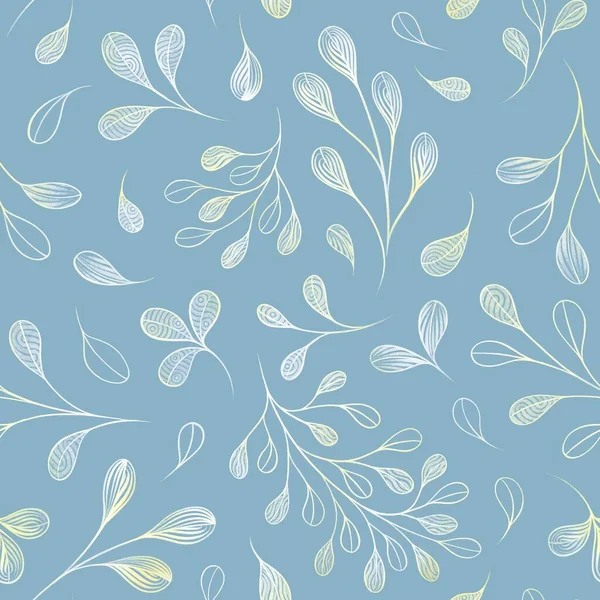 Mavi arkaplanda altın rengi flora deseni var.