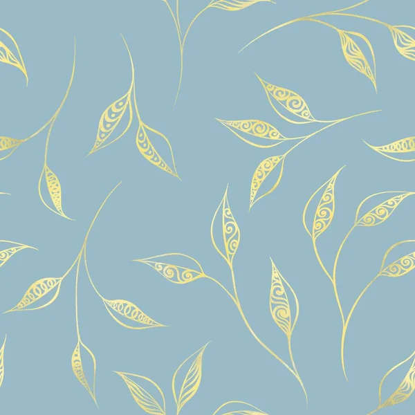 Mavi arkaplanda altın rengi flora deseni var.
