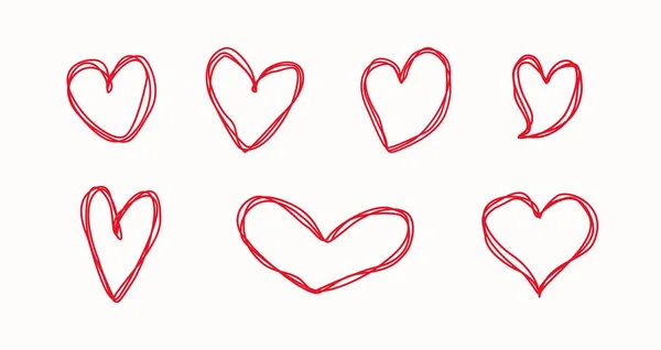 Red Doodle Hearts Hand Drawn Heart Shapes Set — Stock Vector