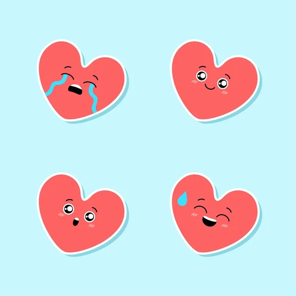 Ensemble Coeurs Roses Mignons Emoji Sticker Personnage Bande Dessinée Émotionnelle — Image vectorielle