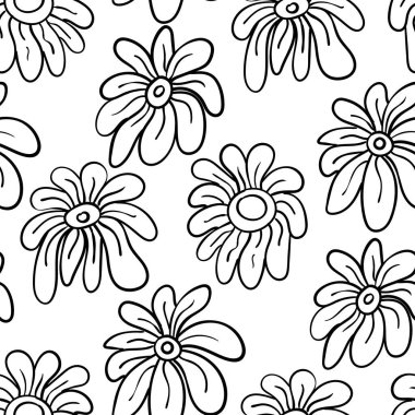 Büyük çizgili sanat çiçekleri olan kusursuz bir desen. Siyah ve beyaz boyama sayfası