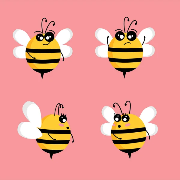 Cute Bee Set Character Flat Style Design — Stock Vector