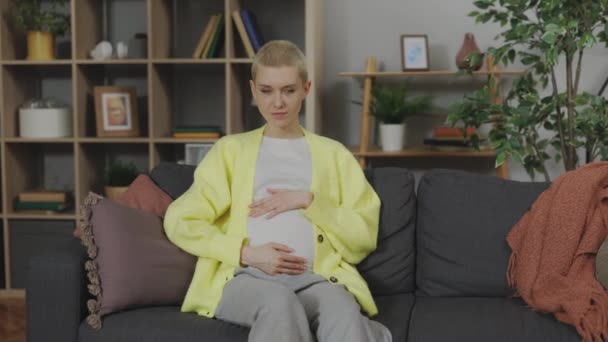 Pleasant woman in expectation gently touching belly on couch — Video