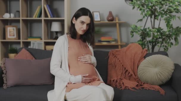 Zwangere Mooie Vrouw Streelt Haar Buik Glimlacht Terwijl Naar Camera — Stockvideo