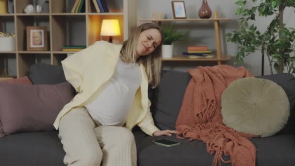 Exhausted Expectant Mother Last Month Pregnancy Suffering Backache Home Pregnant — Stock Video