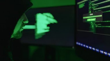 Kapüşonlu sakallı hacker, karanlık odada yeşil ikili kodlarla bilgisayar ekranına yaklaşıyor. Odaklanmış bir adamın görüntüye erişimi garanti..