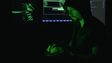 Karanlık odadaki modern dizüstü bilgisayarda birden fazla görüntüyle çevrili odaklanmış bilgisayar korsanı. Kafkasyalı kendine güvenen bir adam internetten yasadışı yabancı fonlara erişiyor..