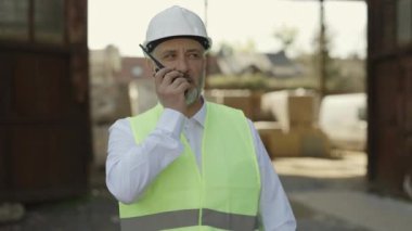 Beyaz başlıklı ve yansıtıcı yelekli bir erkek müfettiş telsiz kullanarak çalışanlara talimat veriyor. Sanayi inşaatında yürürken inşaat sürecini denetleyen mimar.