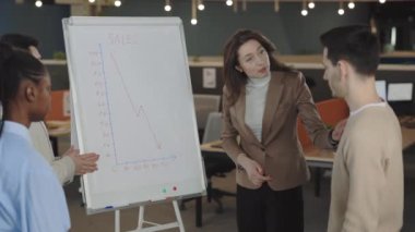 Beyaz kadın takım lideri şık bir kıyafet giyer kollektifin önünde dikilir ve kötü satış sonuçları verir. Akıllı çok ırklı satış yöneticileri ofiste patron kadını dinliyorlar..