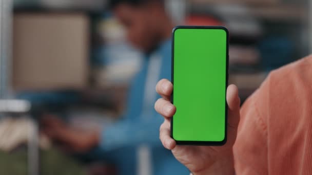 Caucasian Man Holding Smartphone Green Mock Screen Showing Camera While — Video
