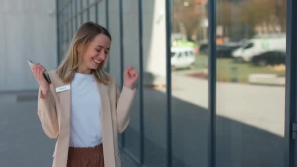 Cheerful Business Woman Walking Dancing Modern Smartphone Hand Glassy Office — Vídeos de Stock