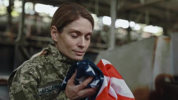 Female Soldier Camouflage Clothes Sitting Destroyed Plant Feeling Proud Her — Video Stock