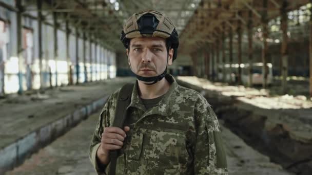 Portrait Confident Man Military Forces Safety Helmet Looking Camera While — 图库视频影像