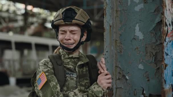 Female Soldier Camouflage Military Uniform Helmet Crying Sorrow Operation Destroyed — Vídeo de Stock