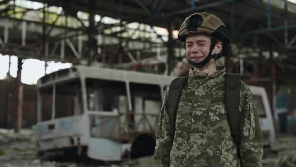 Young Woman Dressed Soldier Crying While Standing Alone Abandoned Building – Stock-video