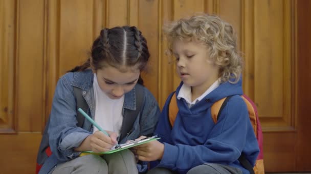 Schoolgirl Drawing Picture Her Friend School Sister Taking Notes Her — Video Stock