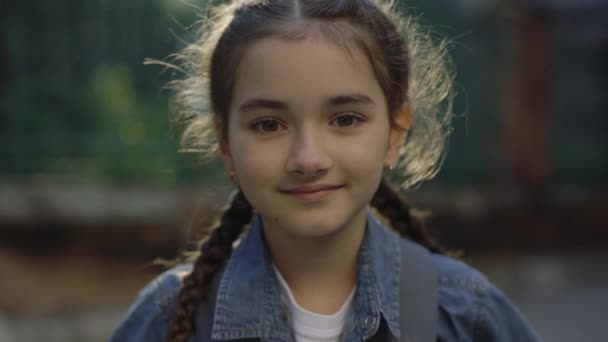 Close Portrait Joyful Schoolgirl Standing School Yard Bag Turn Smilling — Wideo stockowe