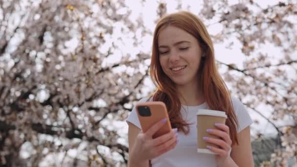 Nádherná Zrzka Žena Pomocí Moderního Smartphonu Při Pití Kávy Kvetoucí — Stock video