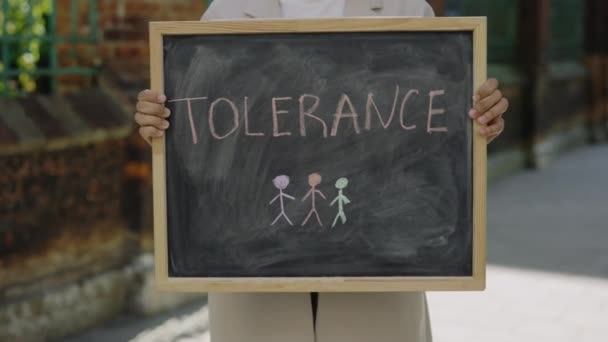 Woman Arms Holding Raising Schoolboard Tolerance Text Message Street Close — Vídeos de Stock