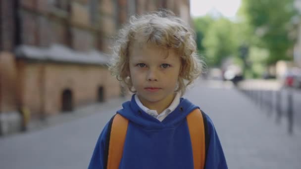Adorable Student Boy Standing School Backpack Looking Camera People Education — Vídeo de stock