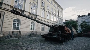 Lviv, Ukraine - August 10, 2022: Destroyed Russian Military Equipment On Display on Rynok Square. Russian-Ukrainian war