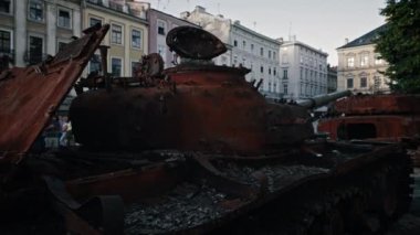 Lviv, Ukraine - August 10, 2022: Destroyed Russian Military Equipment On Display on Rynok Square. Russian-Ukrainian war