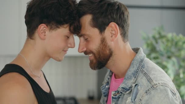 Loving Lgbt Couple Man Feeling Happy Making Domestic Fight Hugging — Vídeos de Stock