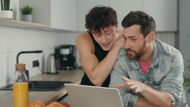 Lgbt Gays Feeling Happy Couple Using Laptop Video Call Tell — Video Stock